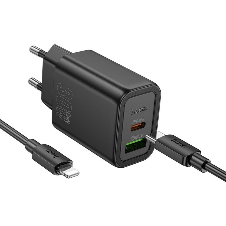 Сетевое зарядное устройство для телефона Hoco USB A + USB C QC3.0 PD 3A 30W + кабель USB C — Lightning N63 черное