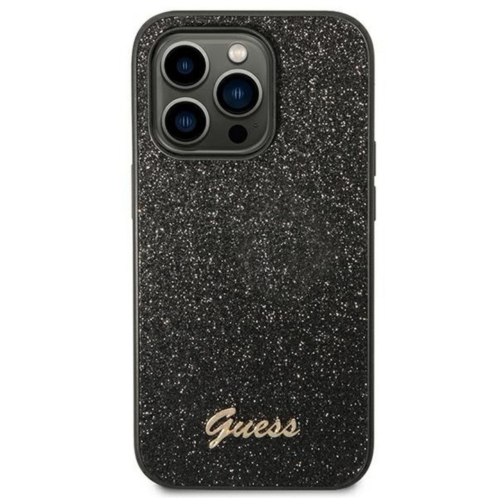 GUESS чохол для IPHONE 14 Pro GUHCP14LHGGSHK (Glitter Flakes Script Метал Логотип) чорний