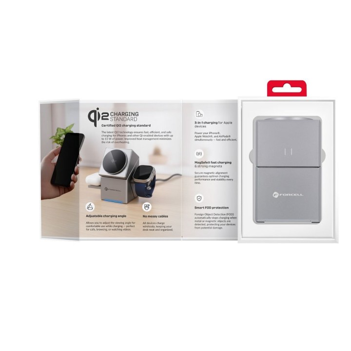 Ładowarka indukcyjna Forcell F-Energy 3w1 Rotation Cube Qi2 zgodna z MagSafe (F-06) srebrna 0INT