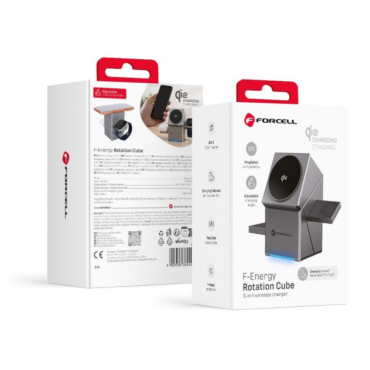 Ładowarka indukcyjna Forcell F-Energy 3w1 Rotation Cube Qi2 zgodna z MagSafe (F-06) srebrna 0INT