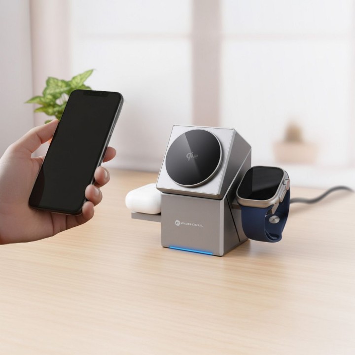 Ładowarka indukcyjna Forcell F-Energy 3w1 Rotation Cube Qi2 zgodna z MagSafe (F-06) srebrna 0INT
