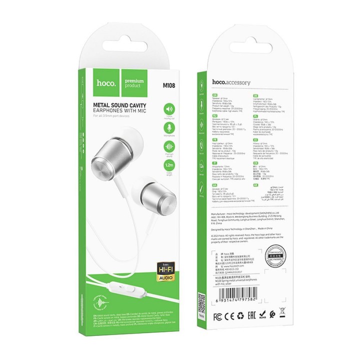 Headphones wired in-ear Jack 3,5 mm Hoco M108 silver