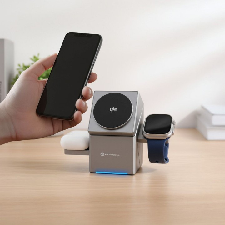 Ładowarka indukcyjna Forcell F-Energy 3w1 Rotation Cube Qi2 zgodna z MagSafe (F-06) srebrna 0INT