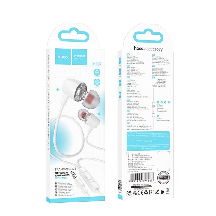 Headphones wired in-ear Jack 3,5 mm Hoco M107 white