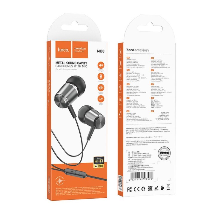 Headphones wired in-ear Jack 3,5 mm Hoco M108 grey