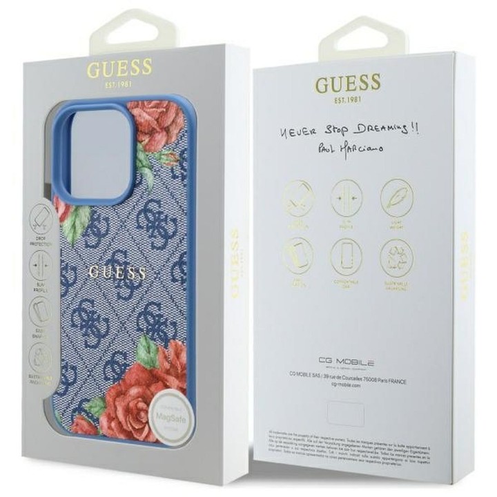 GUESS case for IPHONE 16 Pro compatible with MagSafe GUHMP16LP4ROPEMCB (4G Flowers Print) blue
