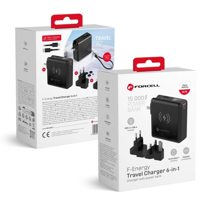 Wielofunkcyjna зарядное устройство Forcell F-Energy 6w1 USB A + USB C PD 45W + повербанк 15000 mAh + беспроводная зарядка 15W