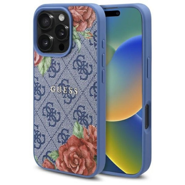 GUESS чехол для IPHONE 16 Pro, совместимый с MagSafe GUHMP16LP4ROPEMCB (4G Flowers Print) синий