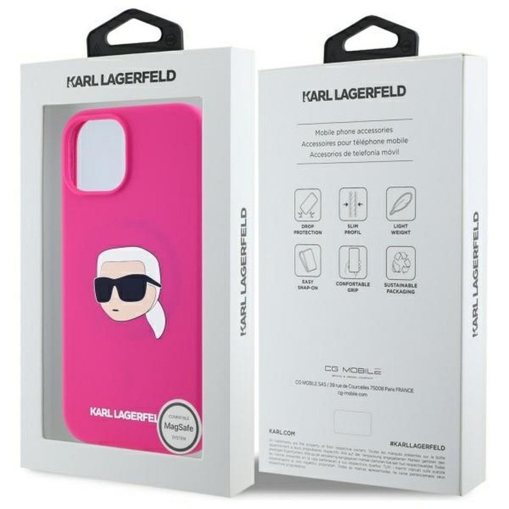 KARL LAGERFELD чехол для IPHONE 15, совместимый с MagSafe KLHMP15SSKHPPLF (SIL KL Head Print) фуксия