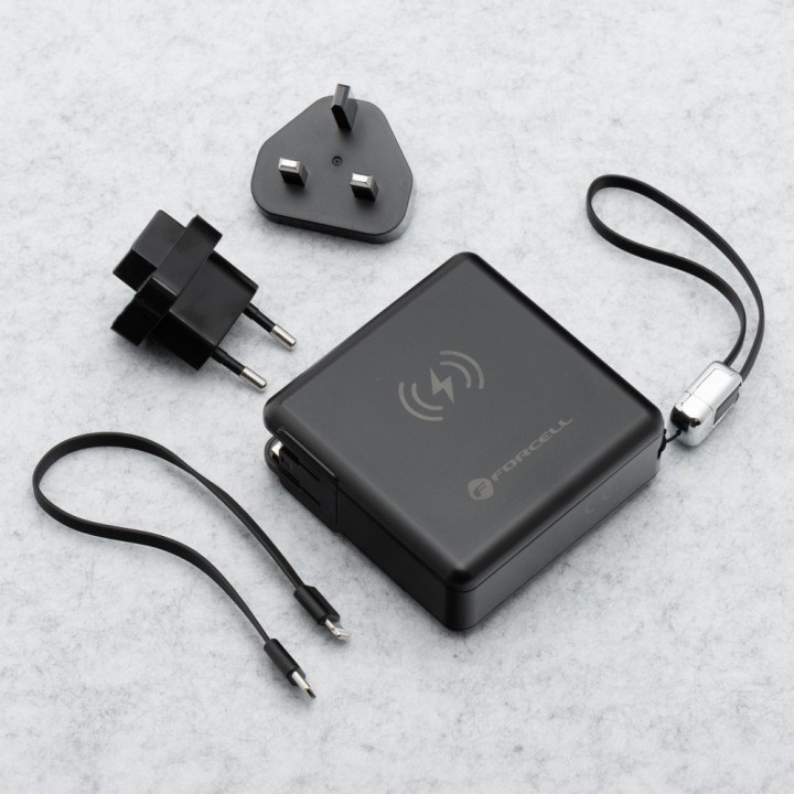 Wielofunkcyjna ładowarka Forcell F-Energy 6w1 USB A + USB C PD 45W + power bank 15000 mAh + ładowanie bezprzewodowe 15W czarna