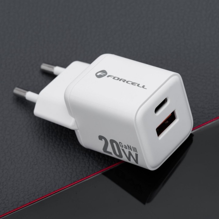 Сетевое зарядное устройство для телефона Forcell F-Energy Mini GaN III USB C + USB A QC4.0 PD 20W VT-35A белое 0INT