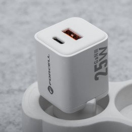 Wall charger for phone Forcell F-Energy Mini GaN III USB C + USB A QC4.0 PD 25W VT-25B white 0INT