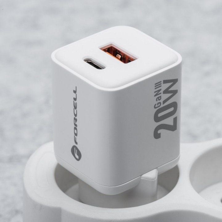 Wall charger for phone Forcell F-Energy Mini GaN III USB C + USB A QC4.0 PD 20W VT-35A white 0INT