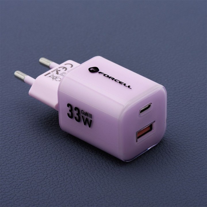 Wall charger for phone Forcell F-Energy GaN III Crystal Color USB C + USB A QC4.0 PD 33W + cable USB C to USB C VT-41