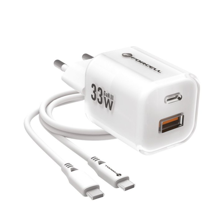 Wall charger for phone Forcell F-Energy GaN III Crystal Color USB C + USB A QC4.0 PD 33W + cable USB C to USB C VT-41
