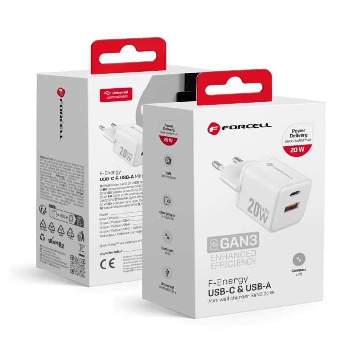 Мережевий зарядний пристрій для телефону Forcell F-Energy Mini GaN III USB C + USB A QC4.0 PD 20W VT-35A білий 0INT