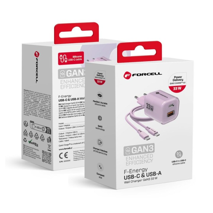 Wall charger for phone Forcell F-Energy GaN III Crystal Color USB C + USB A QC4.0 PD 33W + cable USB C to USB C VT-41