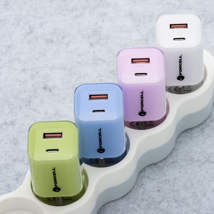 Мережевий зарядний пристрій для телефона Forcell F-Energy GaN III Crystal Color USB C + USB A QC4.0 PD 33W + кабель USB C на USB