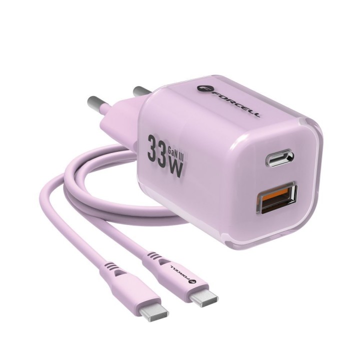 Ładowarka sieciowa do telefonu Forcell F-Energy GaN III Crystal Color USB C + USB A QC4.0 PD 33W + kabel USB C do USB C VT-41