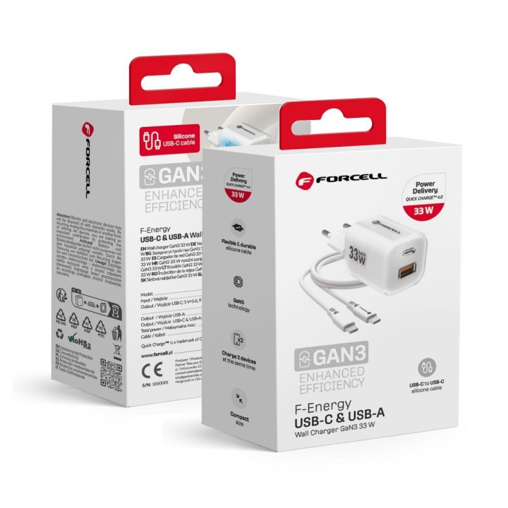 Ładowarka sieciowa do telefonu Forcell F-Energy GaN III Crystal Color USB C + USB A QC4.0 PD 33W + kabel USB C do USB C VT-41