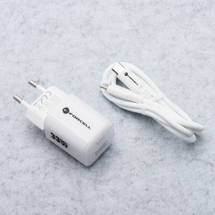 Wall charger for phone Forcell F-Energy GaN III Crystal Color USB C + USB A QC4.0 PD 33W + cable USB C to USB C VT-41