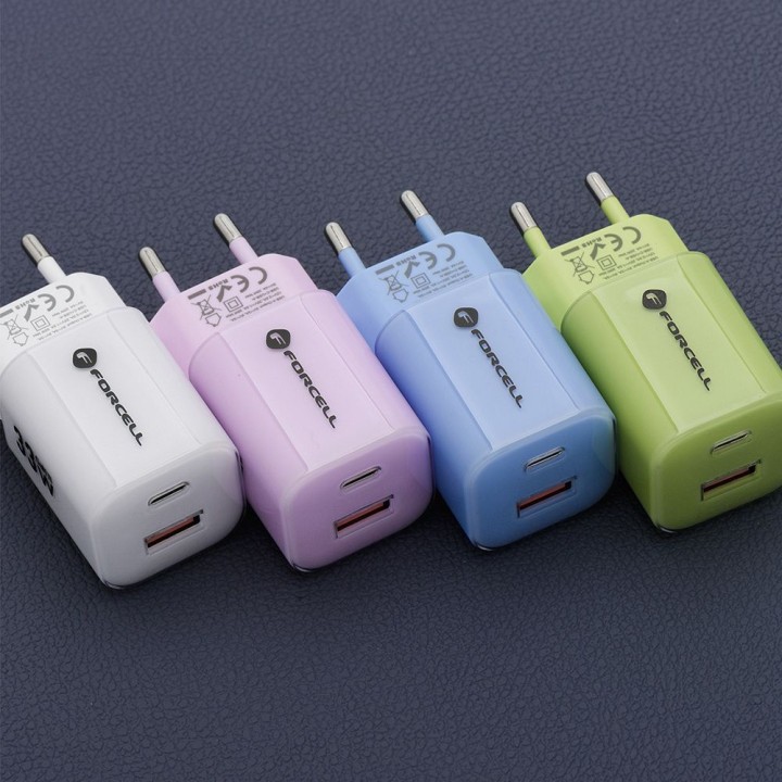 Сетевое зарядное устройство для телефона Forcell F-Energy GaN III Crystal Color USB C + USB A QC4.0 PD 33W + кабель USB-C –