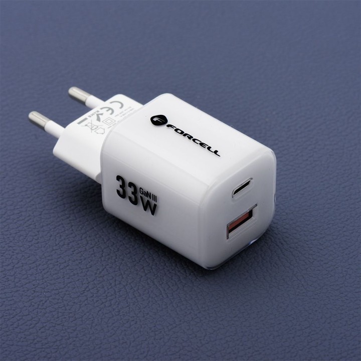 Сетевое зарядное устройство для телефона Forcell F-Energy GaN III Crystal Color USB C + USB A QC4.0 PD 33W + кабель USB-C –
