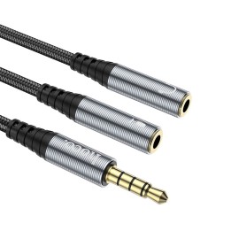 Кабель AUX 2 в 1 Jack 3,5 mm (штекер) — 2 x Jack 3,5 mm (гніздо) Hoco 0,25 m UPA21 сірий (SC)