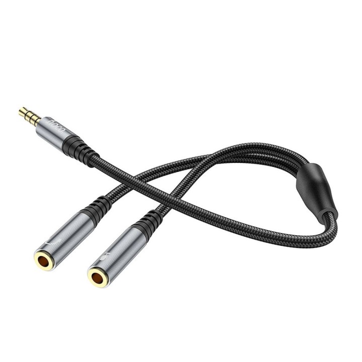 Кабель AUX 2 в 1 Jack 3,5 mm (штекер) — 2 x Jack 3,5 mm (гніздо) Hoco 0,25 m UPA21 сірий (SC)