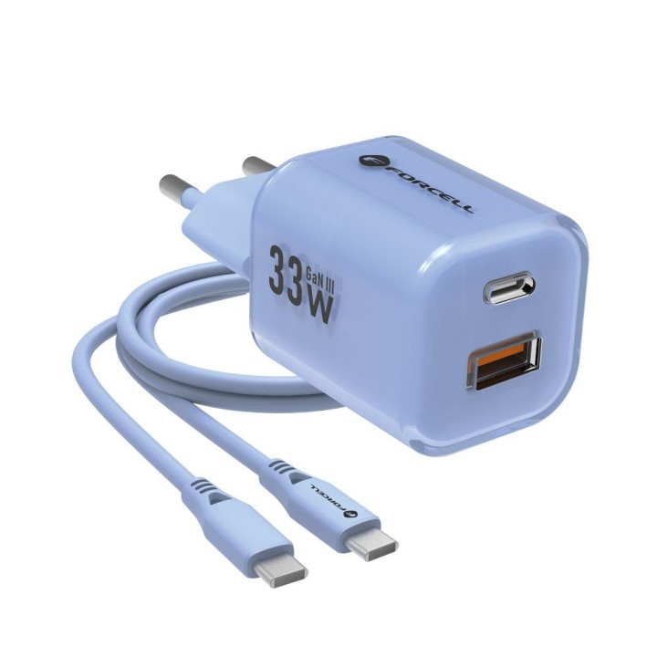 Сетевое зарядное устройство для телефона Forcell F-Energy GaN III Crystal Color USB C + USB A QC4.0 PD 33W + кабель USB-C –