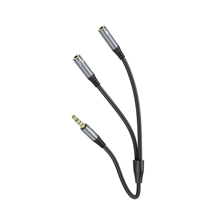 Кабель AUX 2 в 1 Jack 3,5 mm (штекер) — 2 x Jack 3,5 mm (гніздо) Hoco 0,25 m UPA21 сірий (SC)