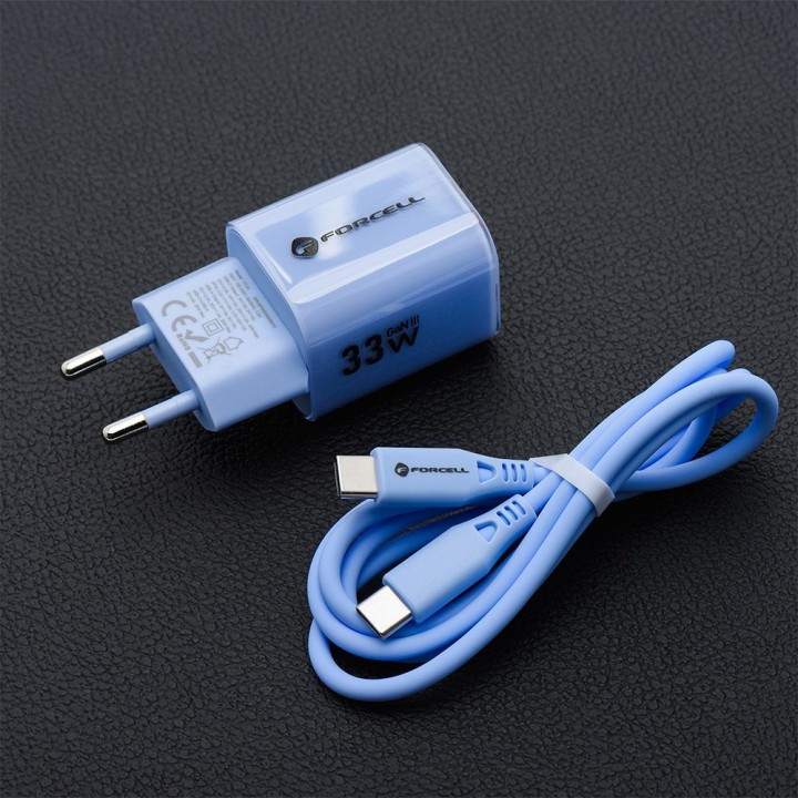 Wall charger for phone Forcell F-Energy GaN III Crystal Color USB C + USB A QC4.0 PD 33W + USB-C to USB-C cable VT-41