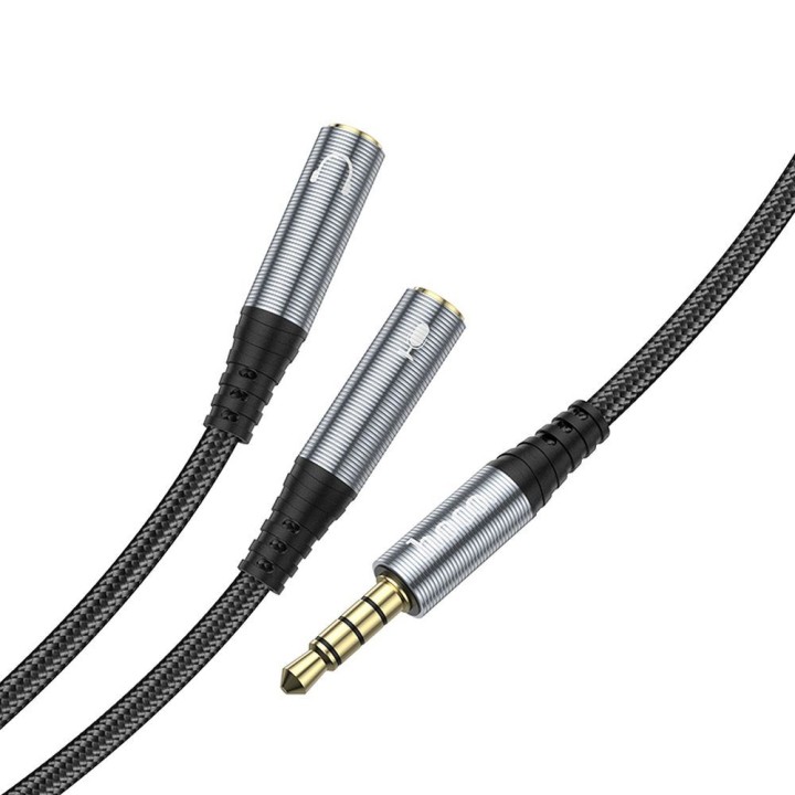Кабель AUX 2 в 1 Jack 3,5 mm (штекер) — 2 x Jack 3,5 mm (гнездо) Hoco 0,25 m UPA21 серый (SC)