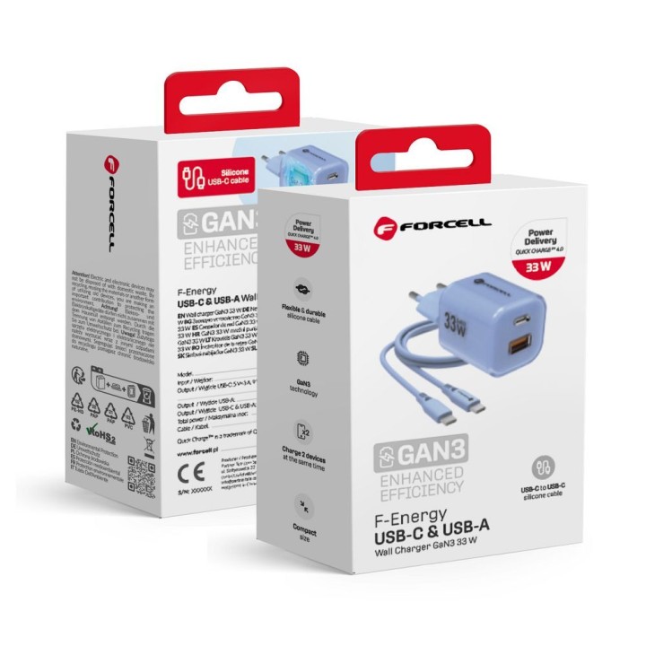 Сетевое зарядное устройство для телефона Forcell F-Energy GaN III Crystal Color USB C + USB A QC4.0 PD 33W + кабель USB C на USB