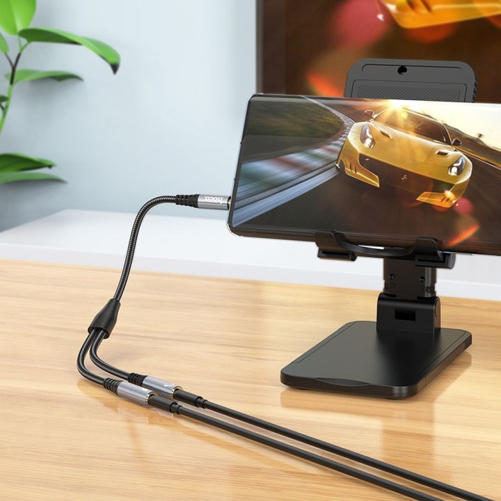 Кабель AUX 2 в 1 Jack 3,5 mm (штекер) — 2 x Jack 3,5 mm (гніздо) Hoco 0,25 m UPA21 сірий (SC)