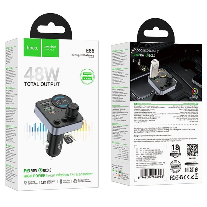 Transmitter car Bluetooth Hoco 2 x USB A + USB C QC3.0 PD 48W E86 black