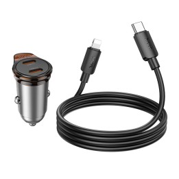 Ładowarka samochodowa Hoco 2 x USB C QC PD 45W + kabel USB C do Lightnning NZ16B szara