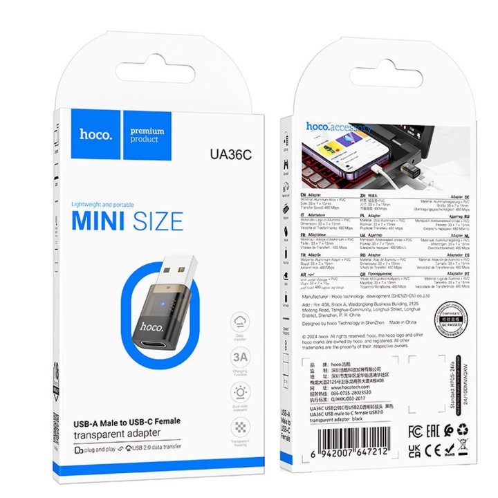 Адаптер USB A для USB C Hoco UA36C прозорий чорний