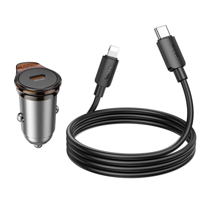 Car charger Hoco USB C QC PD 30W + cable USB C to Lightning NZ16 grey