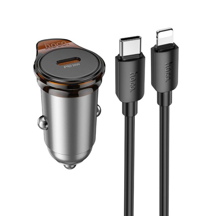 Car charger Hoco USB C QC PD 30W + USB-C to Lightning cable NZ16 grey