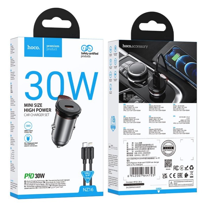Car charger Hoco USB C QC PD 30W + cable USB C to Lightning NZ16 grey