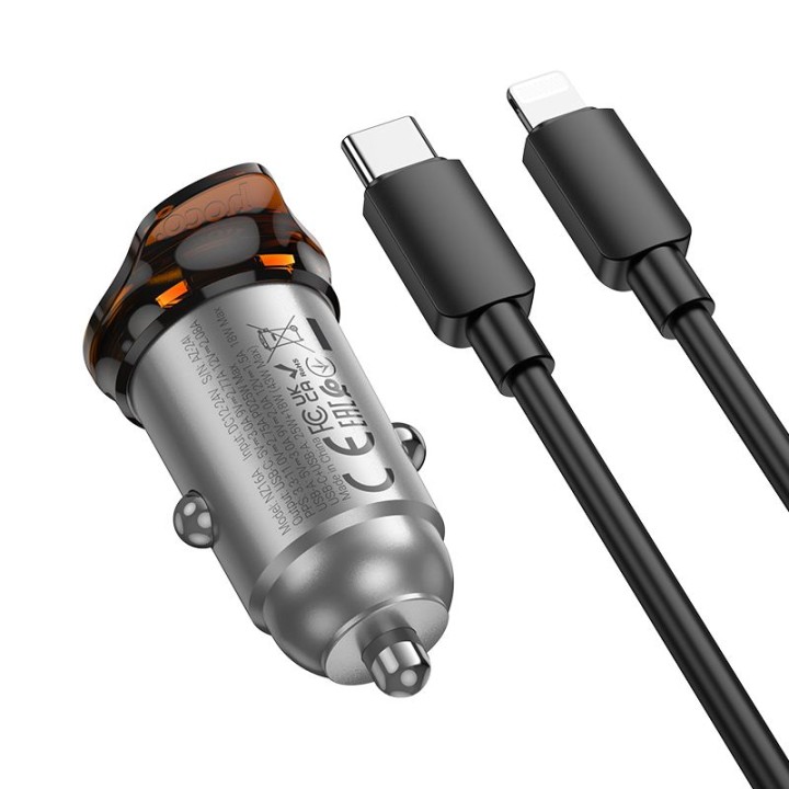 Car charger Hoco USB A + USB C QC3.0 PD 3A 43W + cable USB C to Lightning NZ16A grey