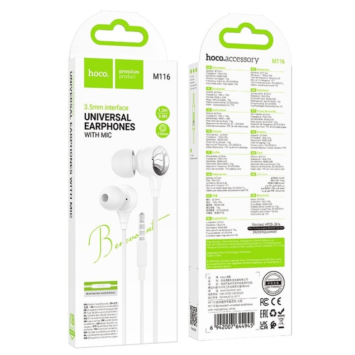 Headphones wired in-ear Jack 3,5 mm Hoco M116 white