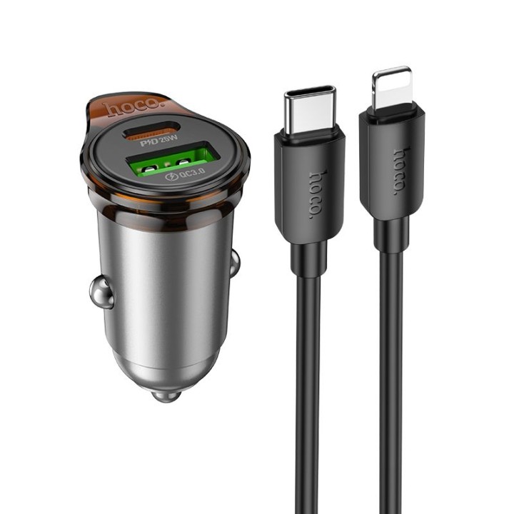 Car charger Hoco USB A + USB C QC3.0 PD 3A 43W + cable USB C to Lightning NZ16A grey