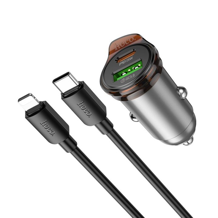 Автомобільний зарядний пристрій Hoco USB A + USB C QC3.0 PD 3A 43W + кабель USB C — Lightning NZ16A сірий