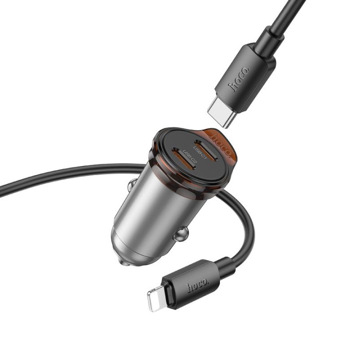 Car charger Hoco 2 x USB C QC PD 45W + cable USB C for Lightnning NZ16B grey