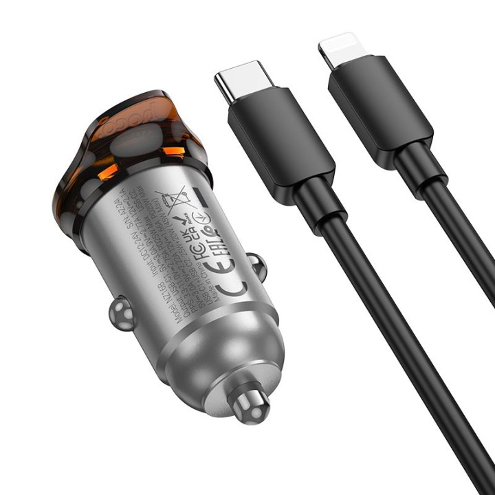 Car charger Hoco 2 x USB C QC PD 45W + cable USB C for Lightnning NZ16B grey
