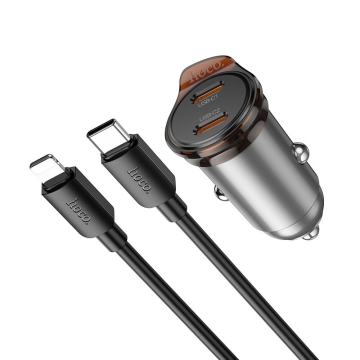 Автомобільний зарядний пристрій Hoco 2 x USB C QC PD 45W + кабель USB C для Lightnning NZ16B сірий