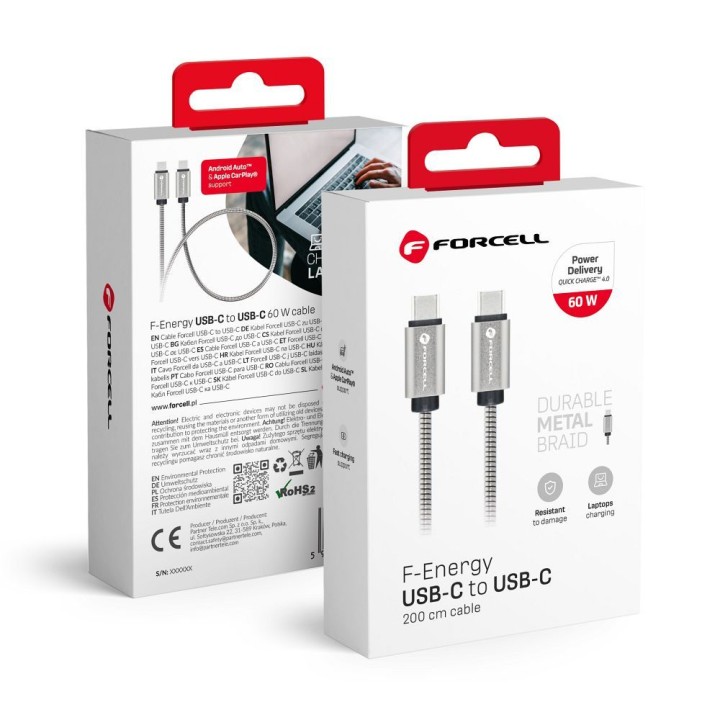 Кабель USB-C – USB-C Forcell F-Energy QC4.0 PD 3A 66W Метал 2 m C237 сріблястий