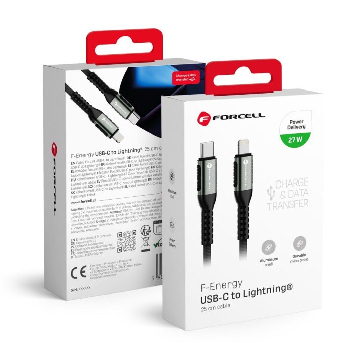 Кабель USB-C – Lightning Forcell F-Energy PD 3A 27W Cafule 0,25 m C259 черный
